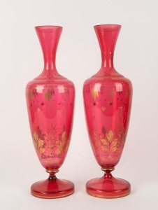 A pair of antique ruby glass mantel vases with remnants of gilt decoration, 19th century, ​​​​​​​41cm high