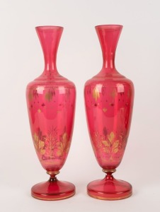 A pair of antique ruby glass mantel vases with remnants of gilt decoration, 19th century, 41cm high