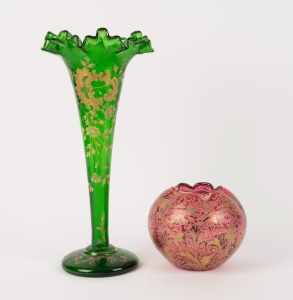 An antique green glass trumpet vase and a spherical ruby glass vase, both with gilt decoration, 19th century, (2 items), 38cm and 13cm high