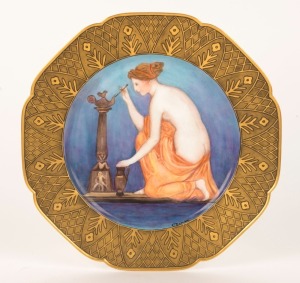 A hand-painted porcelain cabinet plate with classical scene, signed "C. Doman, 1923", 25.5 cm wide