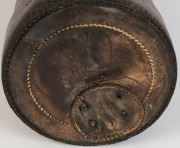 An antique English powder charge, brown leather with applied coat of arms, 19th/20th century, 52cm high, 19cm diameter - 5