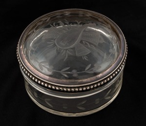 An antique glass trinket box with wheel engraved decoration and silver mount, 19th century, 4.5cm high, 7.5cm diameter