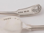 King's pattern antique sterling silver biscuit server by George Angel of London, circa 1866; and a sterling silver sugar sifter by John Round of Sheffield, circa 1903, (2 items), 18cm and 14.5cm long, 128 grams total - 2