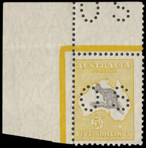 5/- Grey & Yellow, top L marginal single, punctured OS.