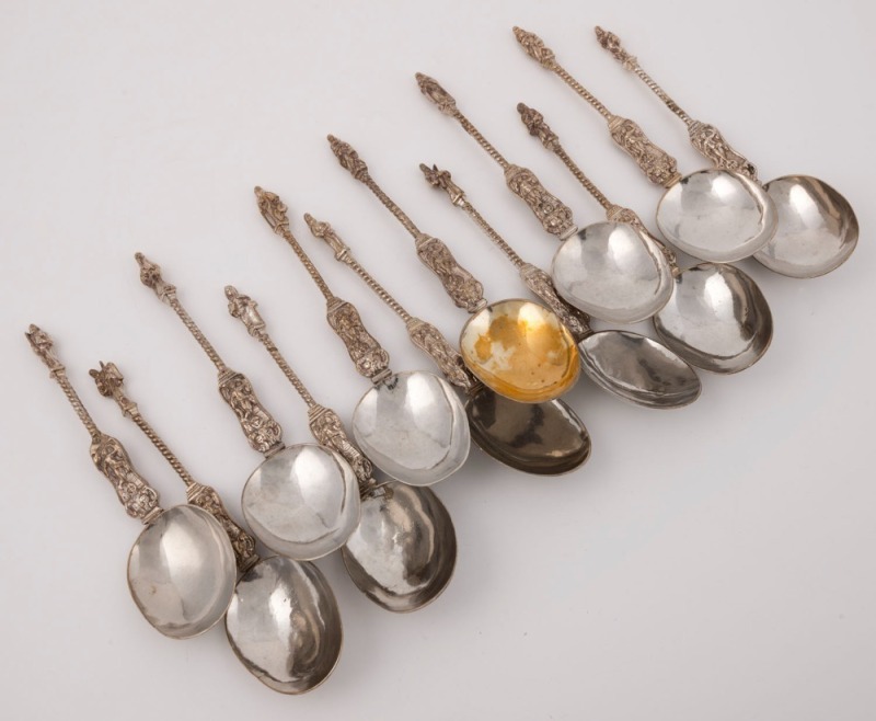 APOSTLE SPOONS. A splendid set of twelve Hanau historical revival sterling silver spoons with remains of original gilding, circa 1880, ​​​​​​​18.5cm long, an impressive 747 grams total