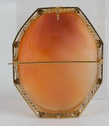 An impressive and large size antique shell cameo brooch with female profile portrait, set in 14ct yellow filigree gold mount, 19th/20th century, can be worn as a pendant if desired. ​​​​​​​6.5cm high - 2
