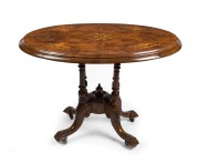 An antique English burr walnut and marquetry oval tea table with tilt-top, circa 1875, petite proportions, ​​​​​​​71cm high x 102cm wide x 71cm deep