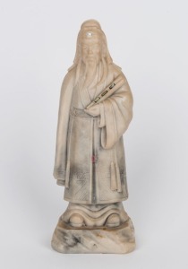 A Chinese carved marble statue of a sage, adorned with pearls and semiprecious stones, 19th/20th century, ​​​​​​​25cm high