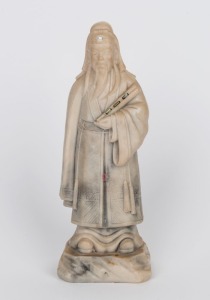 A Chinese carved marble statue of a sage, adorned with pearls and semiprecious stones, 19th/20th century, 25cm high