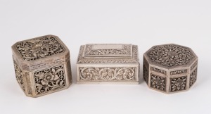 Two Burmese silver boxes, together with a Chinese silver plated pierced box, 19th/20th century, (3 items), the largest 8cm wide