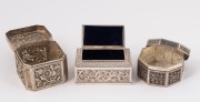 Two Burmese silver boxes, together with a Chinese silver plated pierced box, 19th/20th century, (3 items), the largest 8cm wide - 2