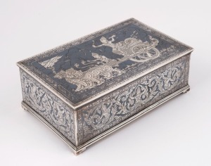 A Thai silver and niello cigarette box with timber lining, 20th century, 15cm wide