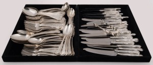 Georgian sterling silver King's pattern cutlery by Sydenham William Peppin of London, circa 1816 and 1817. (97 pieces), Comprising: 12 dinner forks, 12 entree forks, 12 dinner knives, 12 entree knives, 12 table spoons, 12 dessert spoons, 11 tea spoons, 10