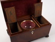 An English regency mahogany tea caddy, with chequerboard stringing and ebony and satin wood diamond inlay to the lid, internally fitted with two original tea canisters and mixing bowl, circa 1830, 17cm high, 31cm wide, 17cm deep - 3