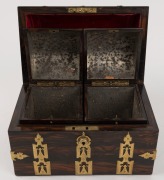 HALSTAFF & HANNAFORD handsome antique English casket top travelling tea caddy with coromandal  veneer and engraved ormolu strap mounts, interior fitted with matching dome-top tea canisters with spring loaded lids, circa 1860, 19cm high, 25cm wide, 16cm hi - 6