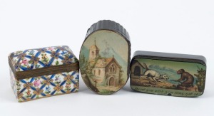 Three snuff and thimble boxes, two papier-mâché with transfer printed lids, plus a Sevres porcelain miniature casket, circa 1870, the largest 4cm high, 6cm wide
