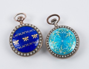 Two lady's pocket watches, similarly decorated with seed pearls and enamel back covers, Swiss, circa 1880, the larger 3.5cm high to the crown