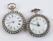 Two lady's pocket watches, similarly decorated with seed pearls and enamel back covers, Swiss, circa 1880, the larger 3.5cm high to the crown - 2