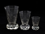 FREEMASONARY: A set of three graduated Masonic firing glasses representing the master, senior and junior warden, with hand-cut wheel decoration, from the Heidelberg lodge, Melbourne, circa&nbsp;1880, the larger 14cm high