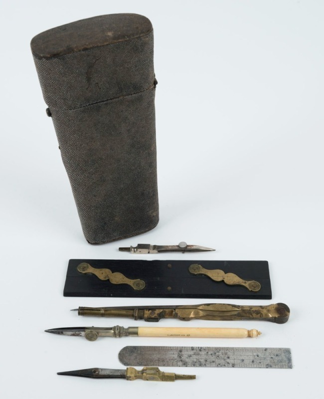 A Georgian grey shagreen drawing instrument case with partial contents consisting of ebony rule, ivory handled drafting pen, two nibs, compass and later steel rule, circa 1790, the case 18cm high