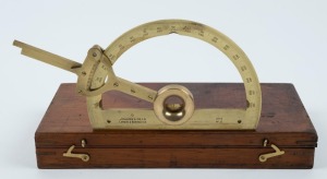 J. HALDEN & Co. Ltd. London & Manchester 1915, No 12.  brass drawing protractor with magnifying loupe housed in a polished mahogany case with broad arrow mark, circa 1915, the case 17cm wide, 13cm deep