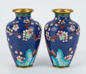 A pair of Chinese cloisonne vases on blue grounds, 20th century, 13cm high