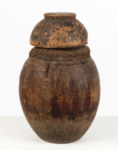 A tribal storage vessel, carved wood and cane, North African origin, ​​​​​​​38cm high