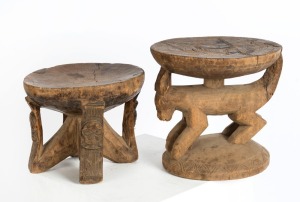 Two tribal stools, carved wood, West African and Chokwe Tribe. PROVENANCE: The Brosset Collection. 22cm and 30cm high 