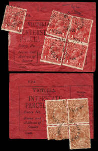 Victorian red Interstate Parcel Post labels. The first with KGV 1d Reds x5; the second with 5d Brown KGV, single line perf. block of 4 (fault), cancelled North Melbourne 1915. Very scarce usages.&nbsp;