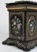 An antique English sewing cabinet, papier-mâché with mother of pearl and hand-painted finish, mid 19th century, ​​​​​​​30cm high, 30cm wide, 23cm deep - 6