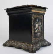 An antique English sewing cabinet, papier-mâché with mother of pearl and hand-painted finish, mid 19th century, ​​​​​​​30cm high, 30cm wide, 23cm deep - 7