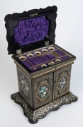 An antique English sewing cabinet, papier-mâché with mother of pearl and hand-painted finish, mid 19th century, ​​​​​​​30cm high, 30cm wide, 23cm deep - 9