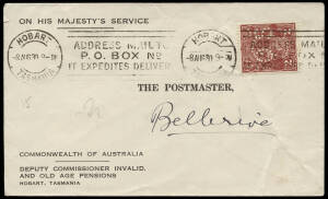 1930 (Aug.8) usage of 2d red-brown, punct. 'OS' on a OHMS cover, Deputy Commissioner, Invalid and Old Age Pensions, Hobart, Tasmania to 'The Postmaster' Bellerive, tied by machine Hobart cancel. A scarce usage.