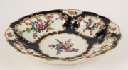 WORCESTER antique English porcelain bowl on blue ground hand-painted floral vignettes and gilded highlights, 18th century, square blue mark to base, 25cm wide - 2