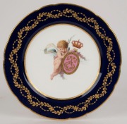 MINTONS fine set of four&nbsp;cabinet plates, cobalt blue borders with floral gilt decoration and hand-painted central Putti,&nbsp;by Antonin&nbsp;Boullemier, retailed by Mortlock's, Oxford Street, London, circa 1890, 24cm diameter&nbsp; - 2