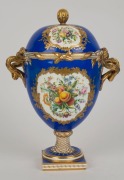 Coalbrookdale antique English porcelain pair of lidded table urns with royal blue ground, gilt decoration and hand-painted vignettes, signed to the base, 19th century, 32cm high  - 3