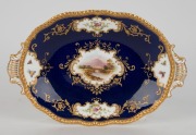 COALPORT pair antique English porcelain serving bowls on cobalt blue grounds with hand-painted lake scene vignettes, 19th century, factory mark to bases, 28cm wide - 2