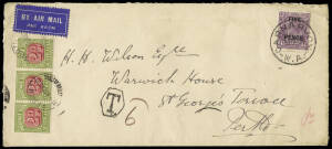 1930 (Nov.16) usage of FIVE PENCE on 4&frac12;d on a long cover, Carnarvon - Perth WA, with Air Mail vignette, taxed "6d", paid with 2d postage due strip of 3 tied by a Perth cds. An attractive and scarce useage.