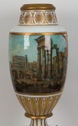 An antique Continental monumental porcelain vase, hand-painted with classical scene, on later timber stand, 19th century, "M. AHAEPb" inside the rim, 96cm high overall - 3