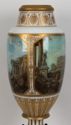 An antique Continental monumental porcelain vase, hand-painted with classical scene, on later timber stand, 19th century, "M. AHAEPb" inside the rim, 96cm high overall - 4