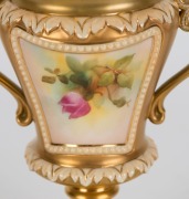 ROYAL WORCESTER gilt decorated lidded mantel vase with floral painting by A. WATKINS, 19th century, puce factory mark to base, ​​​​​​​28cm high - 2