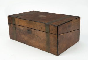 An antique English walnut writing box with brass nameplate, escutcheon and binding, 19th century, ​​​​​​​16cm high, 40cm wide, 24cm deep