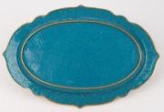 A Chinese blue cloisonne platter with dragon and phoenix decoration, on wooden stand, 20th century, ​​​​​​​34cm wide - 2