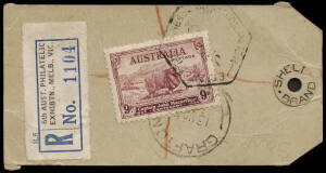 1934 (Nov.9) usage of 9d Macarthur on a registered parcel tag '6th Aust. Philatelic Exhibtn. Melb. Vic.' to Grafton NSW, tied by the Exhibition postmark and Grafton arrival cds. A remarkable combination.