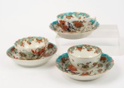 DR. WALL "JABBERWOCKY" pattern group of three English porcelain teacups and saucers, circa 1760, (6 items), the largest saucer 13.5cm diameter