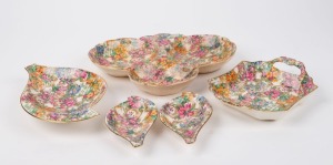 FENTON "CRAZY PAVING" assorted English chintz porcelain dishes and bowls, circa 1930, factory mark to bases, the largest 24.5cm wide