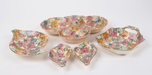 FENTON "CRAZY PAVING" assorted English chintz porcelain dishes and bowls, circa 1930, factory mark to bases, the largest 24.5cm wide