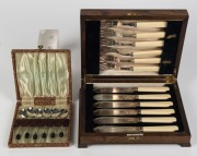 Silver plated fish cutlery set in oak canteen, together with a set of six silver plated coffee bean spoons in original box, 20th century, (2 items), ​​​​​​​the canteen 26cm wide