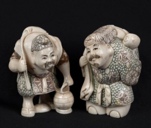 Two Japanese carved ivory statues with hand-coloured finishes, 20th century, seal marks to bases, 6.5cm high each