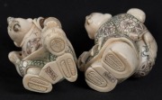 Two Japanese carved ivory statues with hand-coloured finishes, 20th century, seal marks to bases, ​​​​​​​6.5cm high each - 3